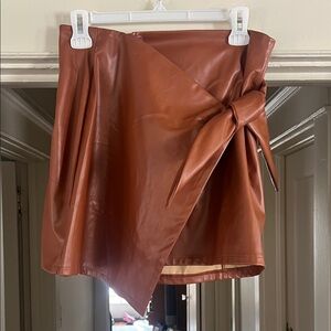 Faux Leather Rust Mini Wrap Skirt with Side Knot